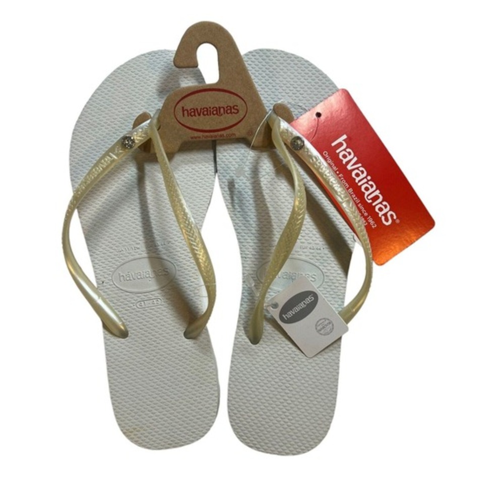 Havaianas White Flip Flops Swarovski Accent Size 11/12 New